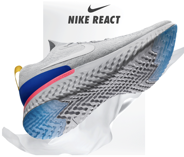 第一代Nike React在中掌用回中底物料，而前掌和腳跟則加上軟膠。